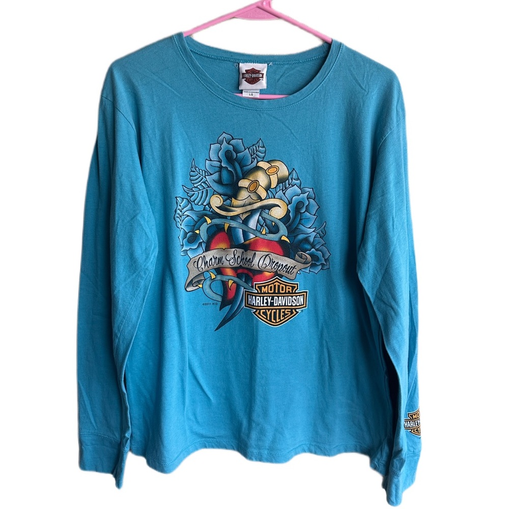 Y2k Harley Davidson tattoo shirt long sleeve electric blue size large year 2011